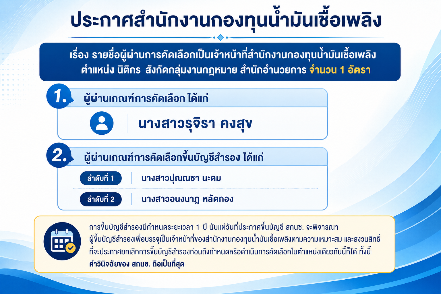 ประกาศรายชื่อผู้ผ่านการคัดเลือก